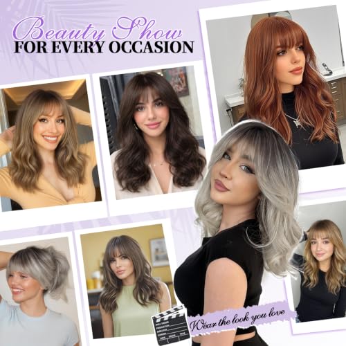 Brown Mix Blonde Highlight Wig with Bangs - Layered Wavy Synthetic Hair for Women - Light Brown Highlights