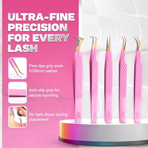 5 Pcs Fiber-Tip Japanese Steel Lash Tweezer Set with Leather Case, Professional Eyelash Tweezers for Lash Extensions ? Titanium Coated, 90 & 45 Angled, Precision Pointed Tweezers (PINK)