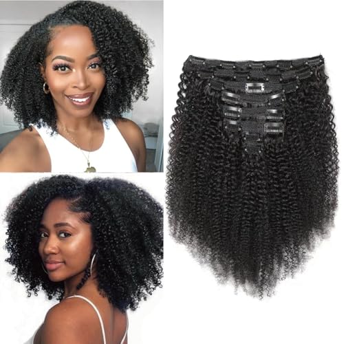 Yacurcur Natural Black Afro Kinky Curly Clip-Ins 24 Inch Human Hair Extensions