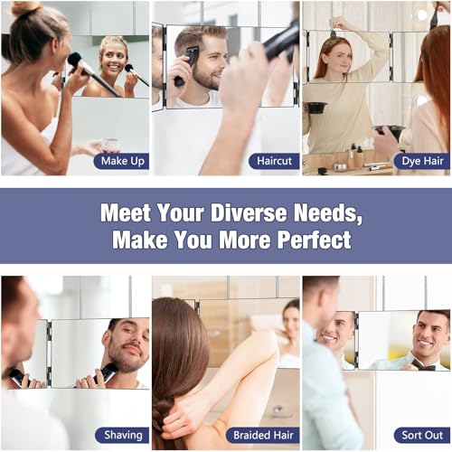 Dripex Black 3-Way Mirror for Hair & Makeup, 360° Trifold with Adjustable Hooks