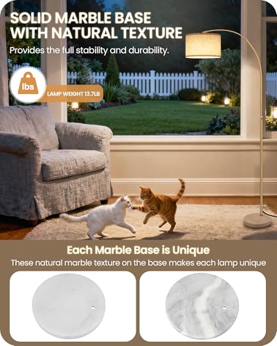 75-Inch Dimmable Gold Arc Floor Lamp with Marble Base - Beige, Adjustable Height, Remote