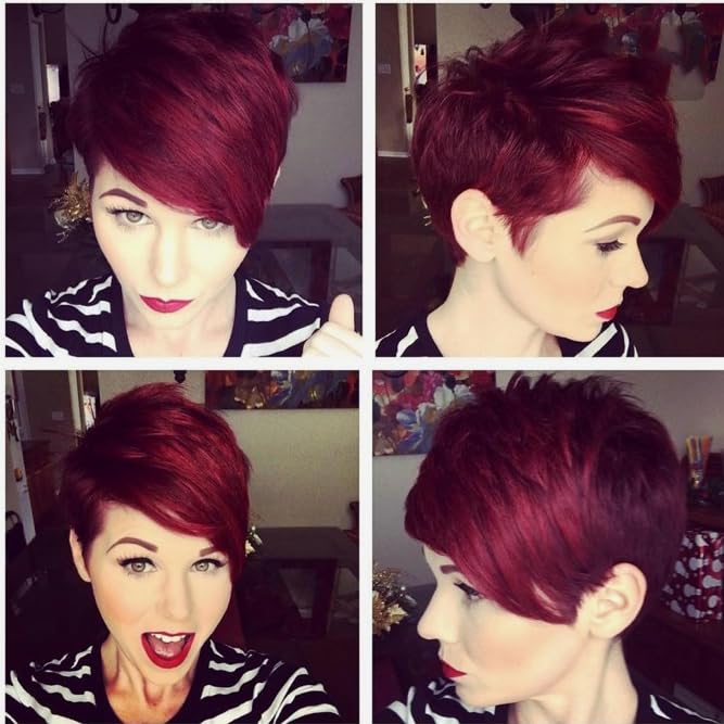 HOTKIS T1B/99J Pixie Cut Human Hair Wig with Side Bangs, Short Bob, Glueless, Natural Straight, Black Burgundy Two Tone for Women