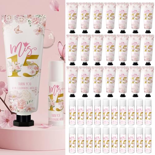 Pink Quinceañera Party Favor Gift Set - 25pcs Hand Cream & Lip Balm for Guests - Variation: Pink