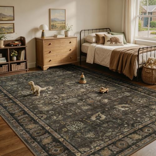 Brown 8x10 Area Rug - Washable Non-Slip Vintage Floral Design