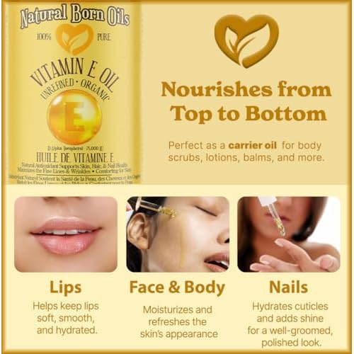 Natural Born Oils Natural Vitamin E Oil, 8oz, Organic, Cold-Pressed, Rich in Alpha-Tocopherol, Ideal for Moisturizing Skin, Strengthening Hair