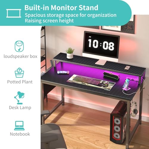 Lufeiya 40-Inch Gaming Desk with LED Lights & Power Outlets - Carbon Fiber Black