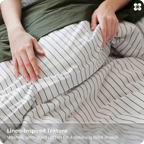 Bedsure Queen Size Stripe Duvet Cover Set Linen-Like Cotton 3-Piece