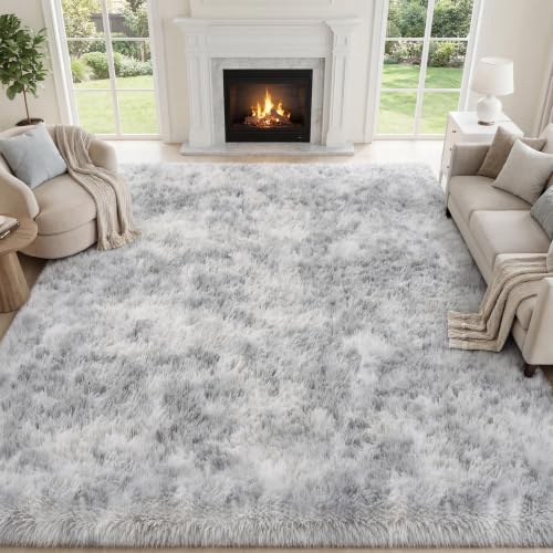 Tie-dyed Light Grey Fluffy Area Rug 8x10 for Living Room & Bedroom - Non-Slip