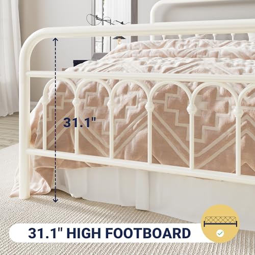 Twin Size Metal Platform Bed Frame with Headboard - Cream, Victorian Style