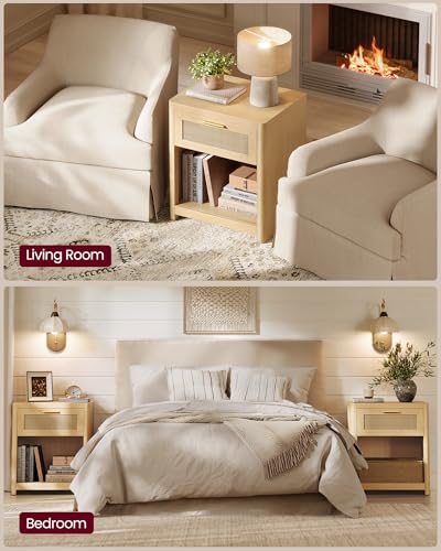 VASAGLE Boho Nightstands Set of 2 with Rattan Look Drawer - Oak Beige, 15"D x 18.9"W x 23.6"H