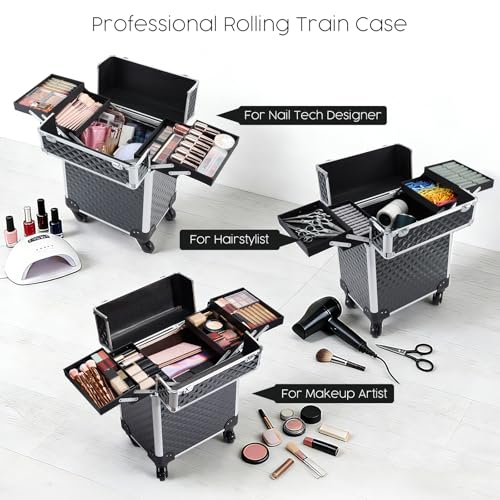 Rolling Makeup Train Case Large Cosmetic Trolley Organized Aluminum Barber Case for Hairstylist Makeup Nail Tech Salon with Keys Swivel Wheels Traveling Cart Trunk - Black