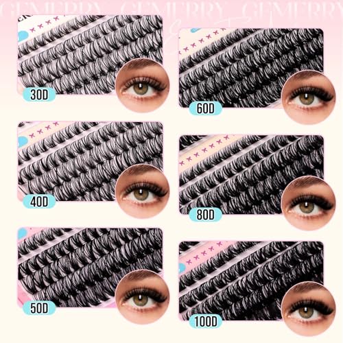 GEMERRY Lash Clusters 30D 40D 50D 60D 80D 100D Eyelashes Clusters Extensions 8-16mm Individual Lashes D Curl Fluffy Wispy False Eyelashes Cluster Lashe DIY Cluster for Beginners