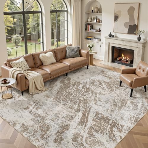 8x10 Brown Abstract Washable Area Rug Non-Slip Indoor Carpet - Modern Home Decor