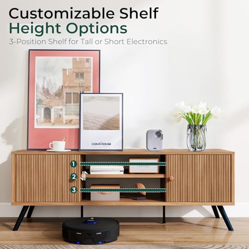 Brown 53-Inch Mid-Century Modern TV Stand for 55-65 Inch TVs with Fluted Doors