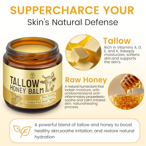 AOAO Tallow Honey Balm for Face & Body, Moisturizer with Organic Grass-Fed Beef Tallow & Raw Wild Honey, Not Diluted, Natural Hydration, Soothes & Nourishes Dry, Sensitive (Tallow Honey_3)