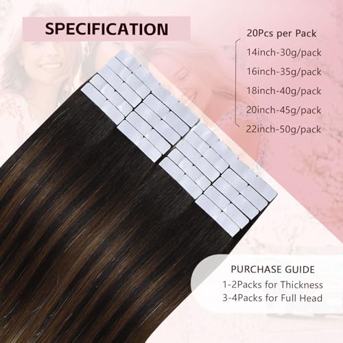 Invisible Tape in Hair Extensions - Real Human Hair, 16 Inch, Natural Black to Caramel Blonde, 3rd-Gen Sweetmet