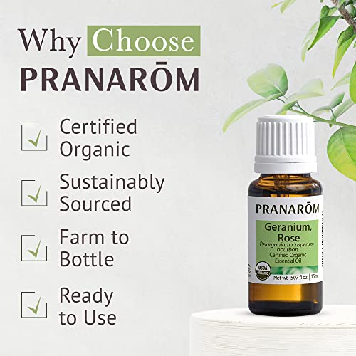 Pranarom Organic Rose Geranium Essential Oil 15ml (0.5 Fl Oz) for Aromatherapy & Skincare