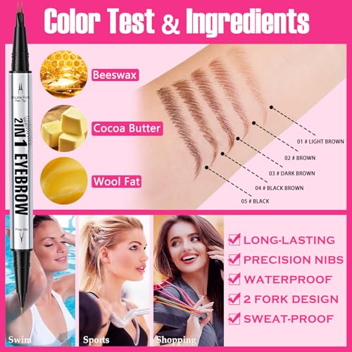 Eyebrow Pen Waterproof Eyebrow Pencil, 2025 New Upgraded Eye-brow Pencil 2-in-1 Dual-Ended Microblading, with 2 Tip,Eye Brow Pen for Natural Hair-Like Brows, Last All-Day, Brown