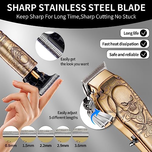 Roziapro Gold Cordless Hair Clippers Kit for Men with Nose/Beard Trimmer – Rechargeable, 5-Length Levers