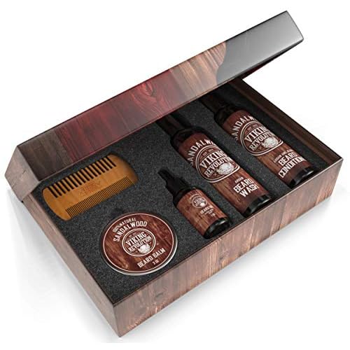 Viking Revolution Ultimate Conditioner for Men's Beard Grooming - Softens, Smoothes and Soothes Beard Itch- Contains Wash, Conditioner, Oil, Balm and Comb- Sandalwood Scent