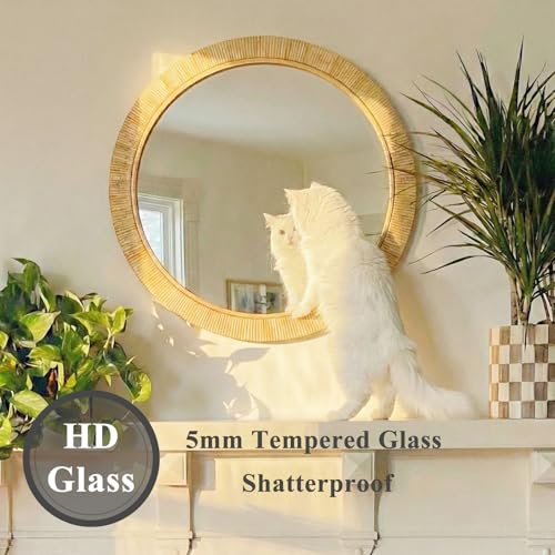 Round 24x24 Inch Rattan Wall Mirror - Rustic Boho Wicker Frame, Handmade