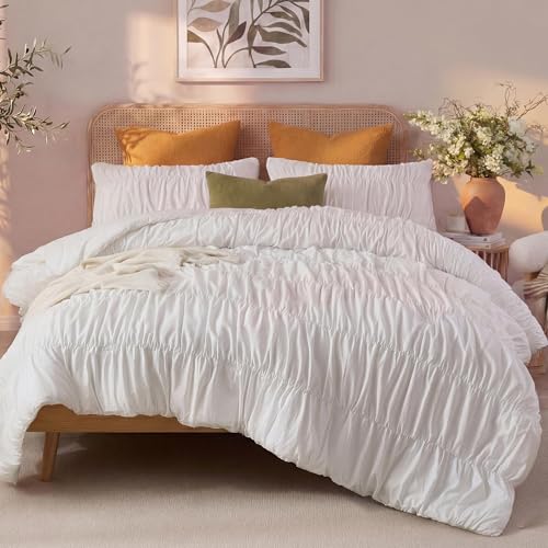 Queen Size Cotton Ruffled Comforter Set with Pleated Texture - White