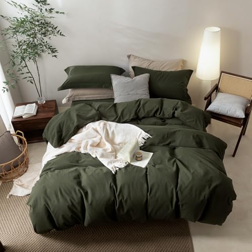 Oversized King Duvet Cover Set - Olive Green 120x98 Inches - Breathable Cotton