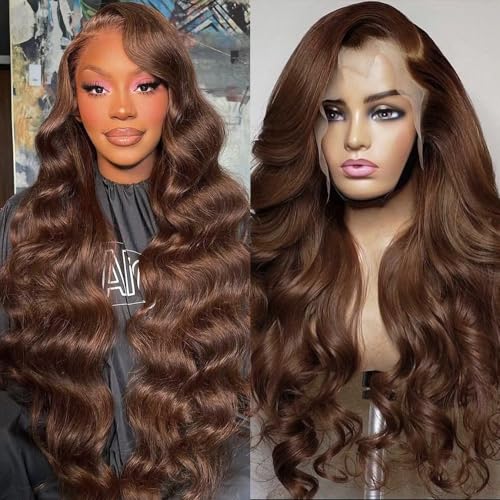 Chocolate Brown Lace Front Wig 28 Inch Body Wave Human Hair HD 13x4