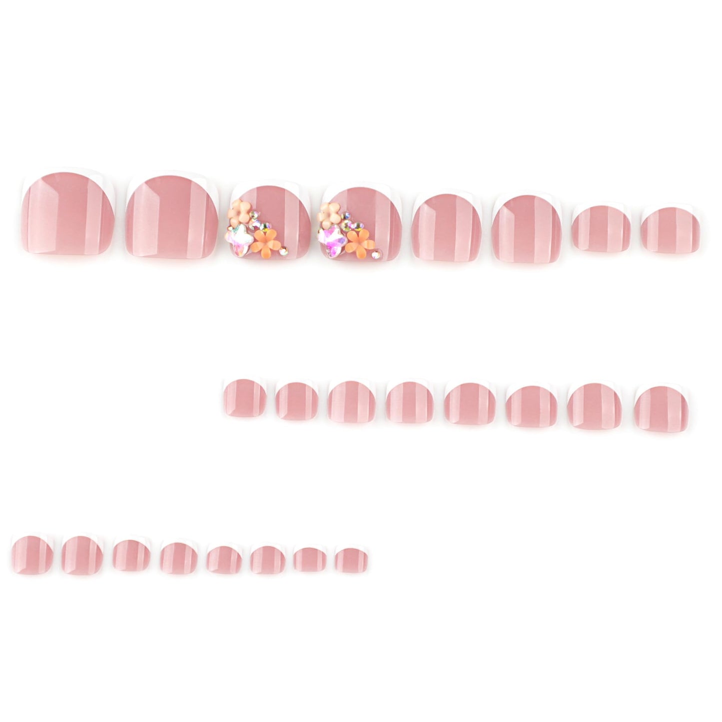 French Tip Press on Toenails Short Square Fake Toenails with 3D Flower Charms Rhinestone Nude Pink Acrylic Toe Nail Tips Summer Toe Press on Nails Seamless Fit Toe Nails Glue on Nails for Women 24PCS