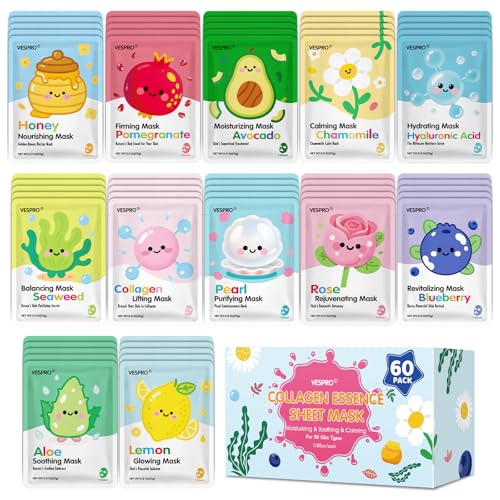 60 Pack Collagen Facial Masks Set - Moisturizing & Rejuvenating Skin Care