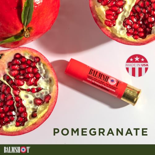 BALMSHOT Pomegranate Lip Balm SPF 15 ? Natural Beeswax Chapstick, Moisturizing Lip Protector for Very Dry Lips, 20-Gauge Brass Shotgun Shell Case, Outdoor Heat Tolerant, Made in USA