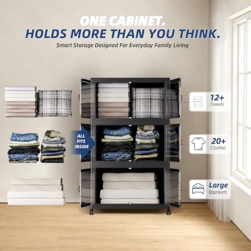SAILUN Stackable Storage Bins with Lid - 3 Pack Black, 26 W x 16.5 D, Foldable & Mobile
