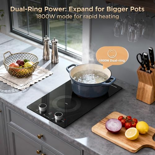 2 Burner Electric Cooktop 110V with Knob Control - 12 Inch, Dual 1800W, Safety Features