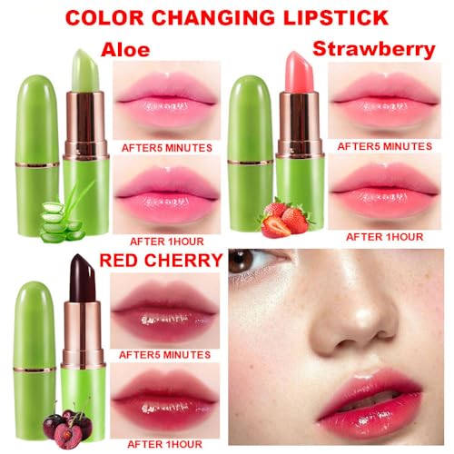 BINGBRUSH 3PCS Aloe Strawberry Cherry Color Changing Lipstick Set, Magic PH Mood Lipstick Long Lasting Moisturizing Lip Balm, Temperature Color Changing Lip Gloss,Hydrating Lip Care for Women