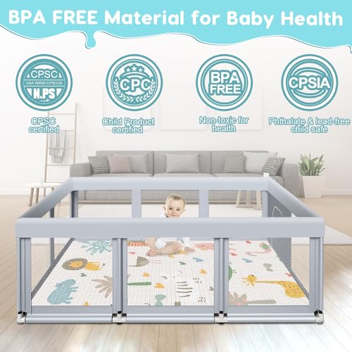 Fshibila 74x50 Inch Baby Playpen with Soft Mesh & Mat - Indoor & Outdoor Safety Play Yard, Grey