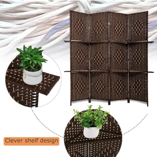 Brown 4-Panel Folding Room Divider with Shelves - 5.9ft Privacy Screen