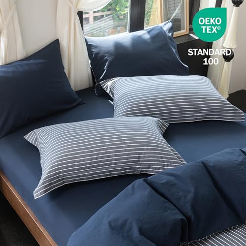 Warm Moment Reversible Navy Blue & White Striped Queen Duvet Cover Set 90x90