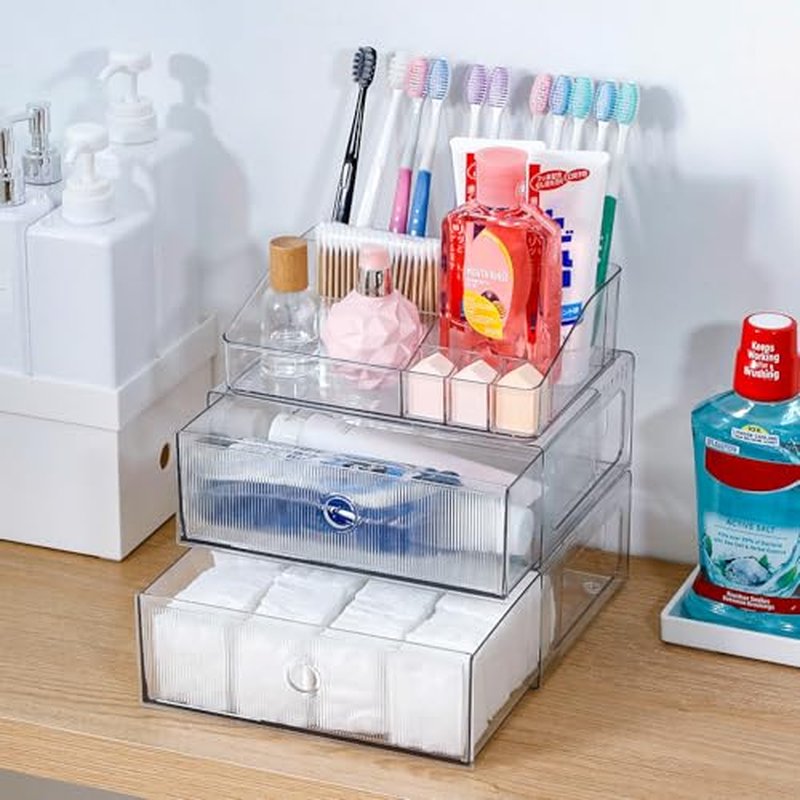 3-Tiers Makeup Organizer with Drawer, Stackable Skincare Storage Box for Vanity and Bathroom, Beauty Essentials, Cosmetic Brushes, Perfume Stand, Large Lipsticks Holder