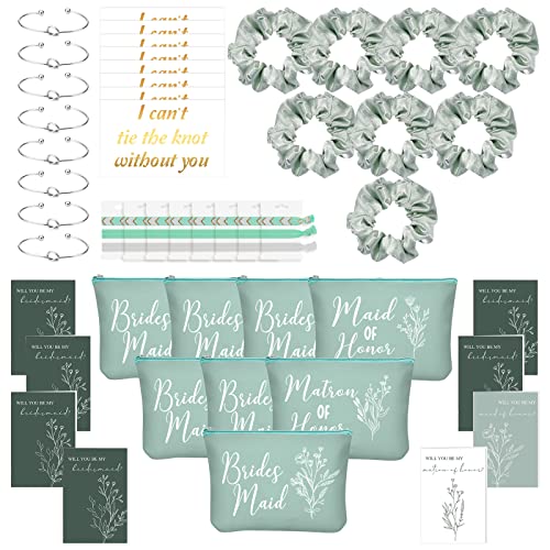 Cunno 48 Pcs 8 Sets Bridesmaid Proposal Gifts Bulk Wedding Will You Be My Maid of Honor Matron of Honor Bridal Shower Makeup Bags Scrunchies Bracelets Cards for Wedding Bridesmaids(Green)