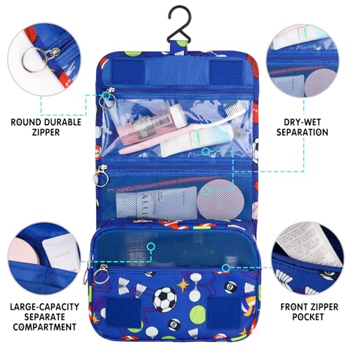 Kids Hanging Toiletry Bag for Boys - Blue Soccer Balls Travel Organizer Waterproof