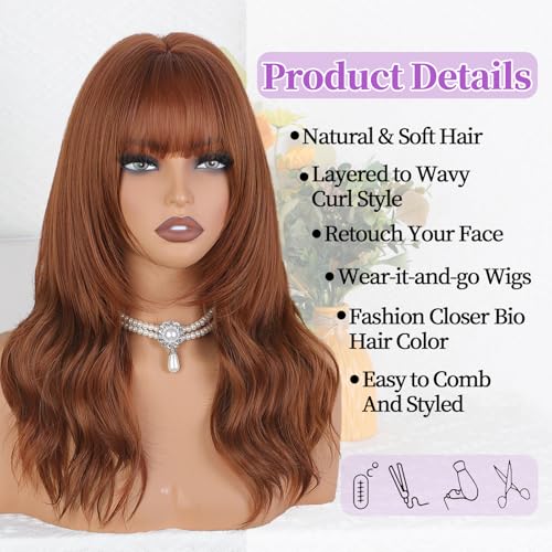 Ginger Layered Curly Wavy Wig with Bangs - Realistic Synthetic Hair for Women