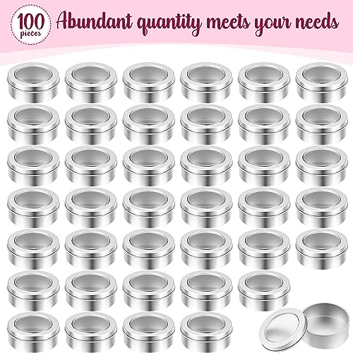 TecUnite 100 Pack 2 Ounce Metal Tin Cans Round Empty Container Salve Tins with Clear Lid for Kitchen, Office, Candles, Candies