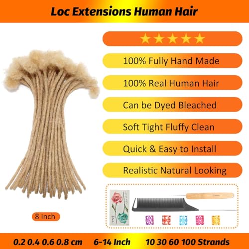 6 Inch Bleach Blonde Loc Extensions Human Hair 30 Strands - 0.4 cm Width, 613 Color, Full Handmade Dreads for Men Women Kids Variation of THIS listing
