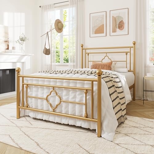 Twin Size Metal Platform Bed Frame with Victorian Headboard - Gold, No Box Spring Needed, Easy Assembly