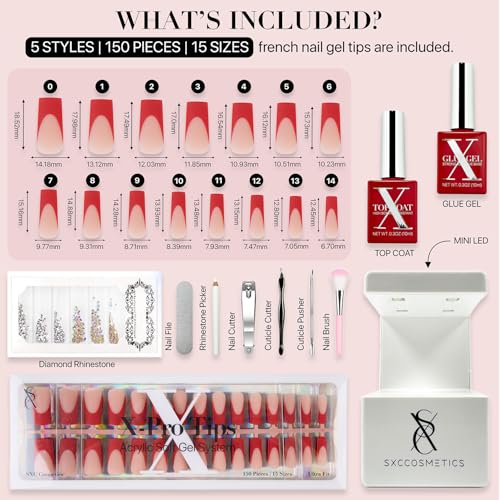 SXC Cosmetics French Tip Press On Nails ? Red Series, Medium Square, X-Pro Tips Starter Kit | 150PCS, 15 Sizes, 5 Styles, Beginner-Friendly