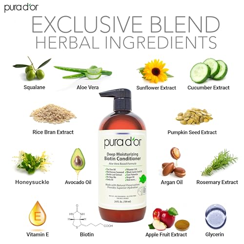 PURA D'OR Deep Moisturizing Biotin Conditioner Thickens, Softens, & Moisturizes Dry, Frizzy, Damaged Hair w/Argan Oil, Pumpkin, Rosemary, Honeysuckle, Vitamin E, Men & Women, 24oz