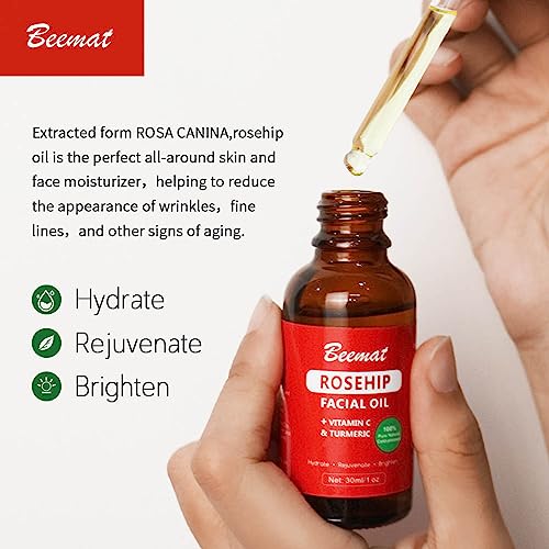 Rosehip Vitamin C Face Oil w/Turmeric 100% Natural Skin Care Facial Oil Cold Pressed Rosehip Oil for face For Brightening Hydrating & Rejuvenating 1oz/30ml