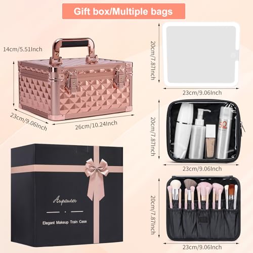 Makeup Box with Led Mirror,Travel Train Hard Case with Rechargeable Mirror Adjustable Dividers,Cosmetic Organizer Storage Bag for Makeup Artist,Appropriate Gift for Women Girls,Sparkling Rose Gold