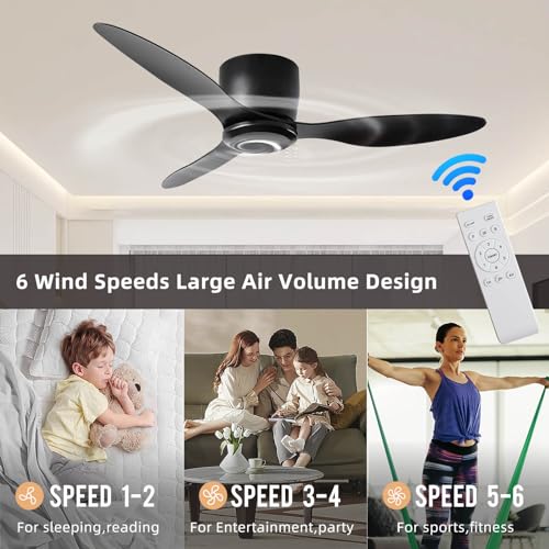 42 Inch Black Ceiling Fan No Light with Remote Control - Modern 3-Blade Reversible DC Motor