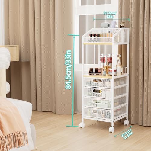 Natural 4-Drawer Makeup Cart with Wheels - Space-Saving Organizing Storage